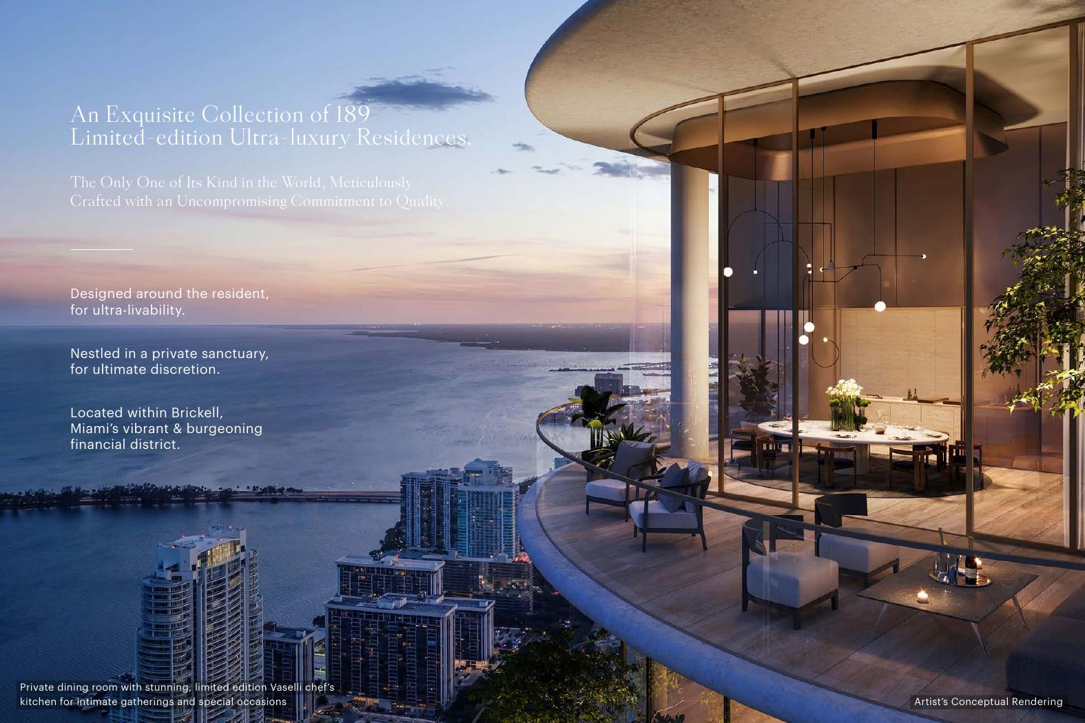 Terraza y comedor privado con vista a Biscayne Bay, The Residences at 1428 Brickell, Miami