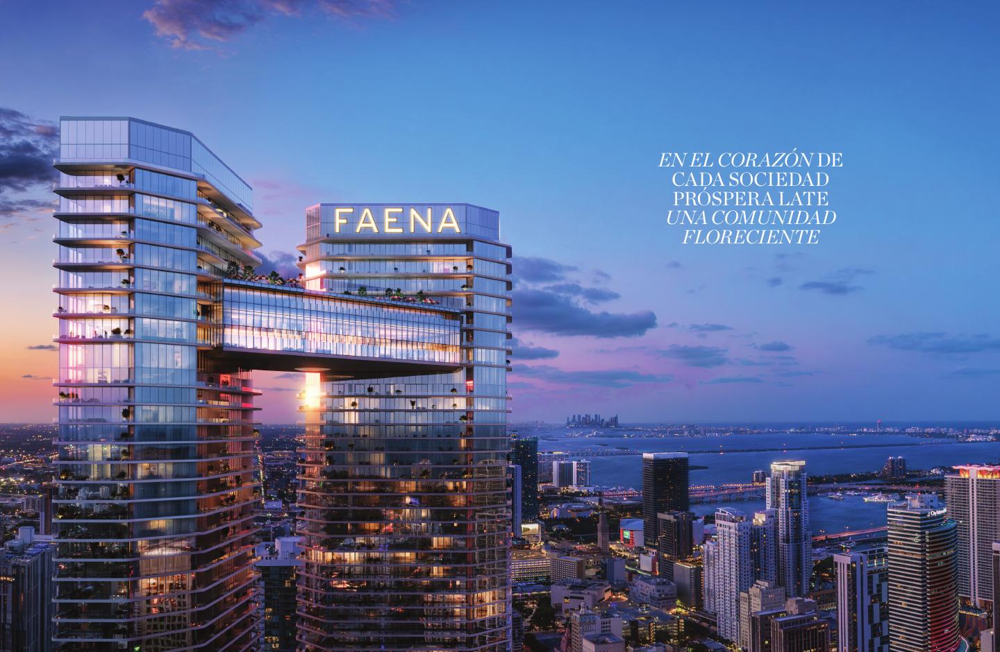 Faena Residences Miami, dos torres frente al Miami River al atardecer