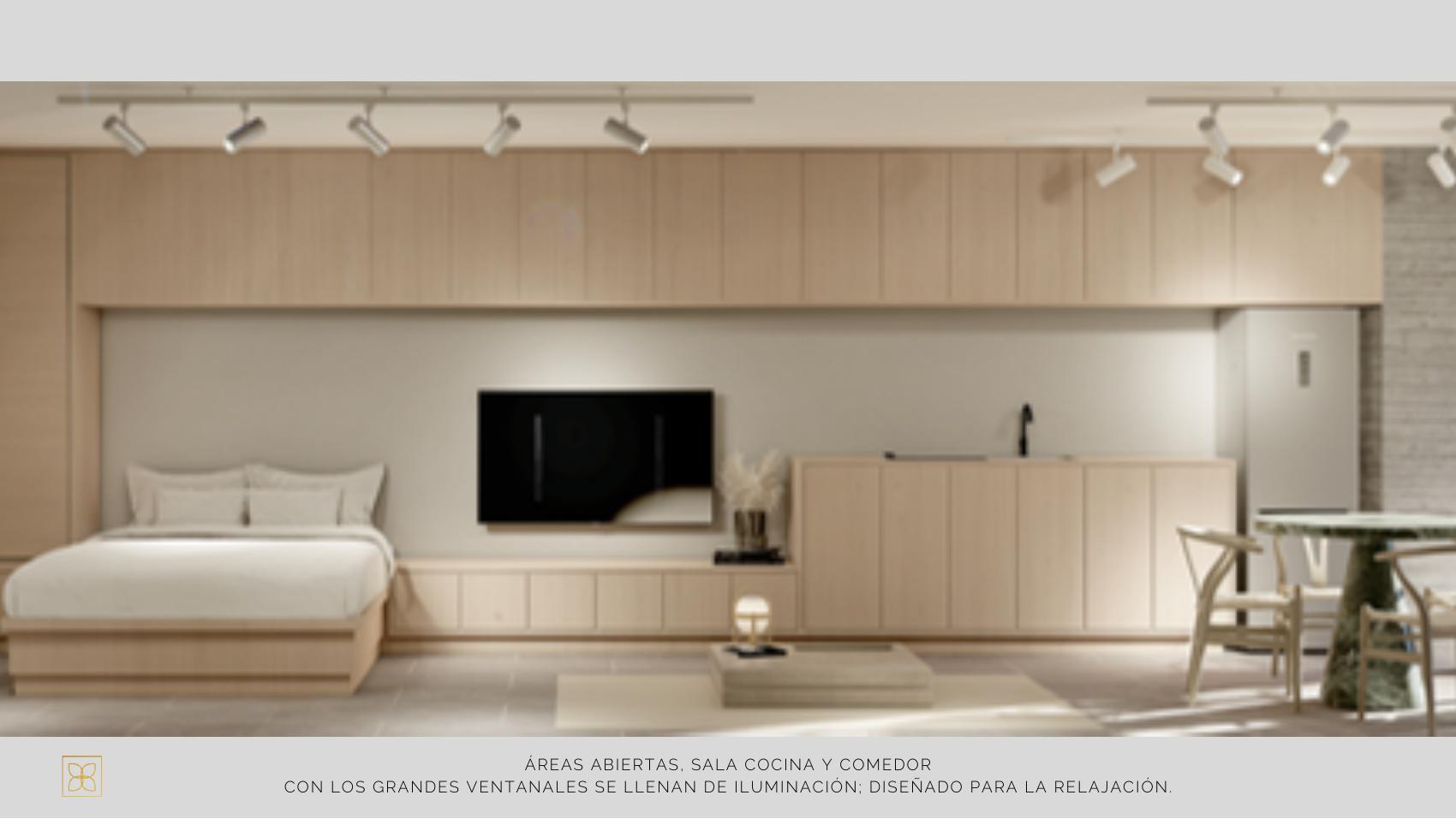 Estudio, sala y cocina, Lirio Reforma