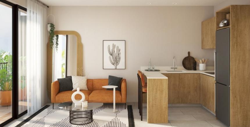 Sala y cocina, departamento muestra, Marsala Nuevo San Ángel