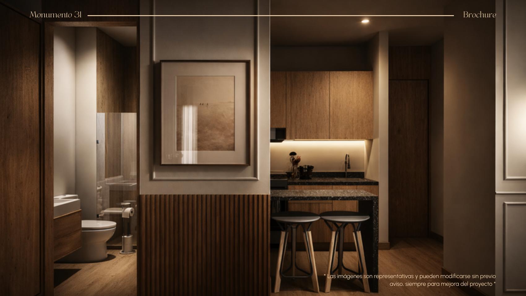 Baño y cocina, departamento muestra, Monumento 31