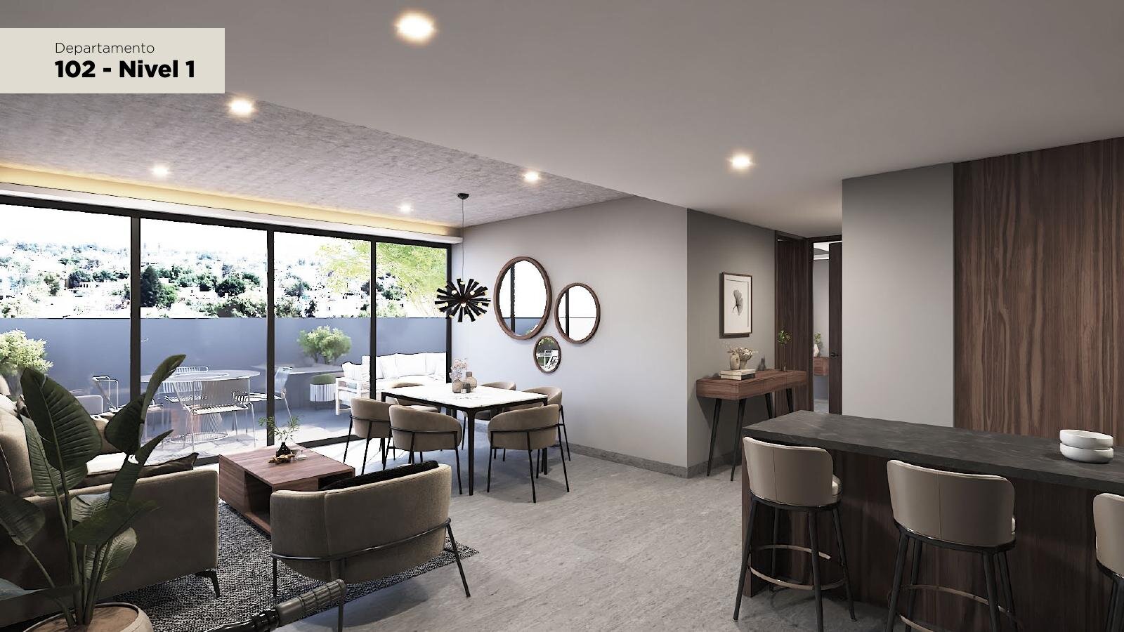 Sala y cocina, departamento muestra, Rodo Ontario